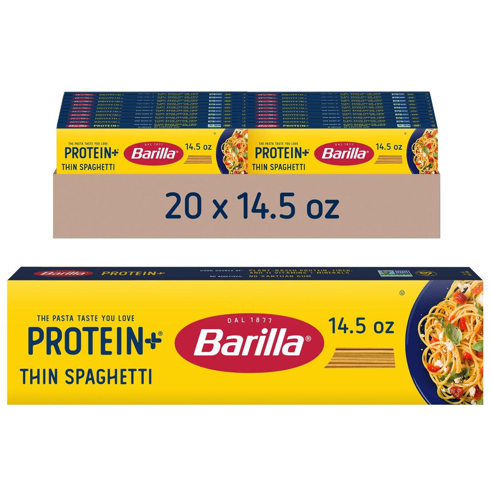 Barilla Protein Plus Thin Spaghetti pack front highlighting plant-based protein for family meals.