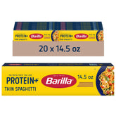 Barilla Protein Plus Thin Spaghetti pack front highlighting plant-based protein for family meals.