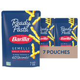 Barilla Ready Pasta Gemelli pouch heats in 60 seconds for quick weeknight meals.