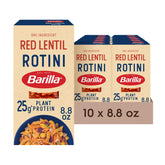 Barilla Red Lentil Rotini box close-up highlighting single-ingredient lentil flour and gluten-free pasta.