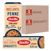 Barilla red lentil spaghetti pasta in a plated dish showing plant-based protein.