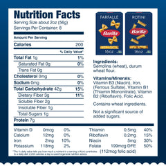 Barilla rotini pasta box front highlighting twist shape for sauces.