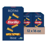 Barilla Rotini pasta box, 16 oz packaging, ideal for easy family meals.