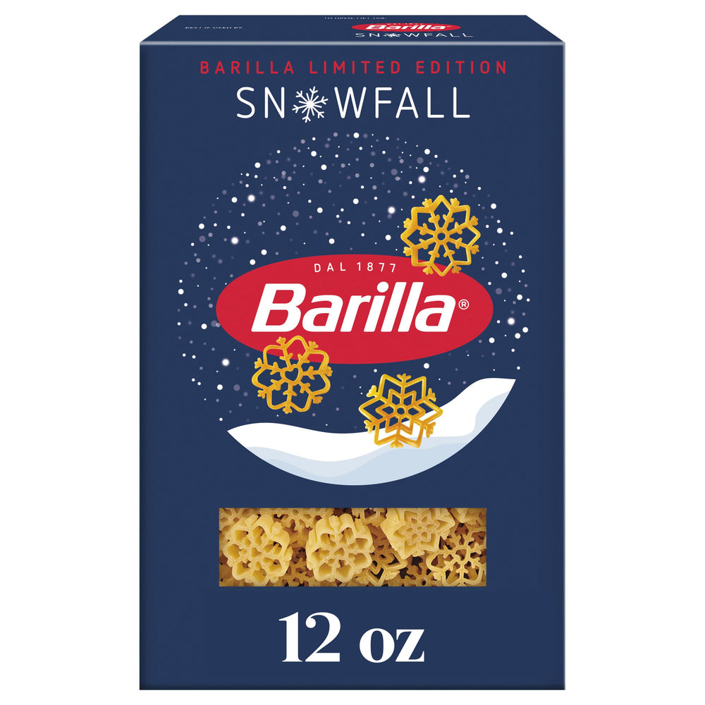 Barilla Snowfall pasta box front with three snowflake shapes for festive meals