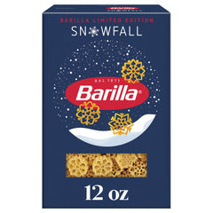 Barilla Snowfall pasta box front with three snowflake shapes for festive meals