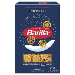 Barilla Snowfall pasta shows three snowflake shapes for festive visual appeal