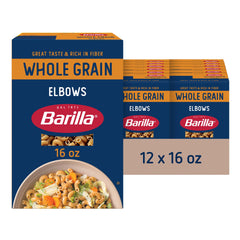 Barilla whole grain elbows in a 12-pack box highlighting fiber-rich pasta.