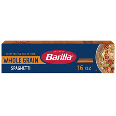 Barilla Whole Grain Spaghetti pasta box, highlighting a fiber-forward option for meals