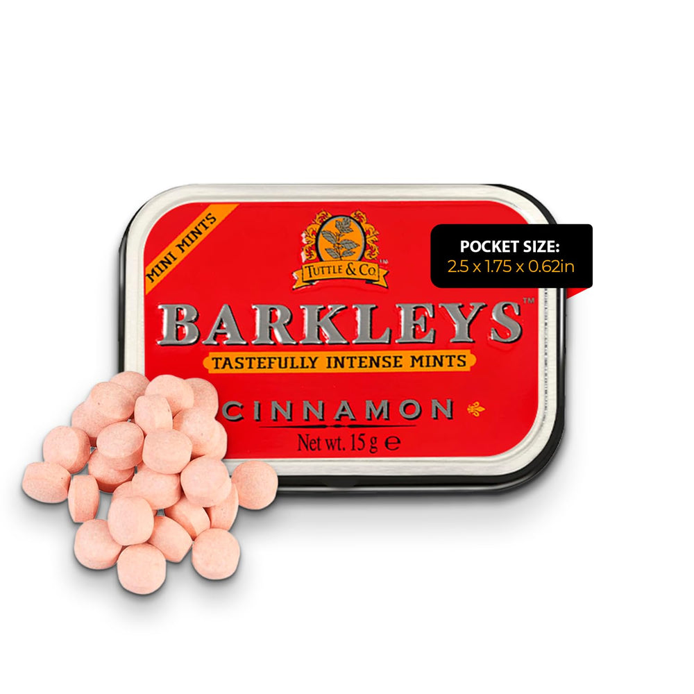 Barkleys Cinnamon Breath Mint Tin on a table offers long-lasting freshness.
