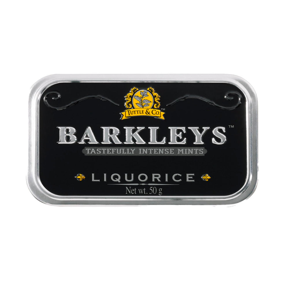 Barkleys Liquorice Breath Mints tin close-up for fresh breath on the go.