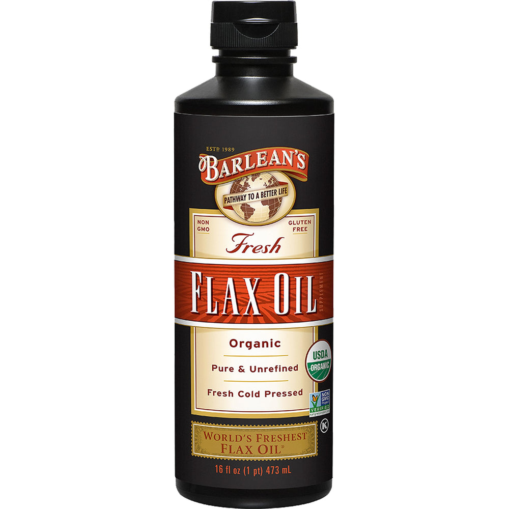 Barlean's flaxseed oil bottle on counter shows pure organic omega-3 source.