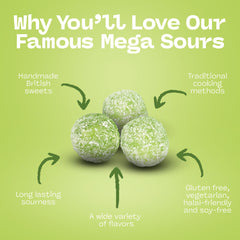 Barnetts Mega Sour Apple sour coating closeup emphasizes 20 second zing.