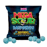 Barnetts Mega Sour Raspberry close-up showing bold sour coating and juicy centre