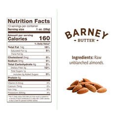 Barney Butter almond meal skin-on almonds highlights protein and fiber richness.
