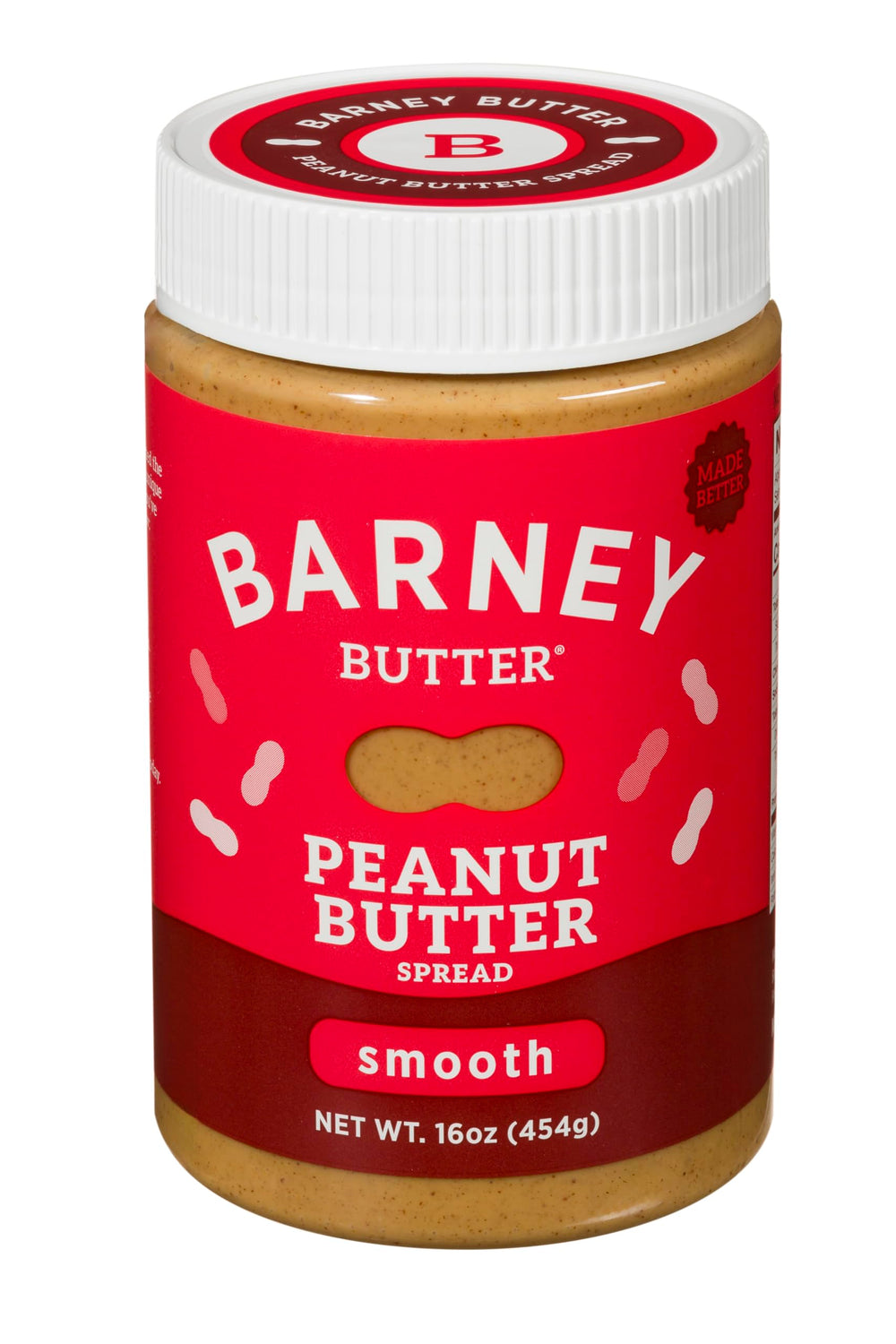 Barney Butter Smooth Peanut Butter jar front: creamy texture for easy spreading.