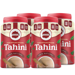 Baron's Tahini jar pouring, showcasing smooth consistency for easy blending.
