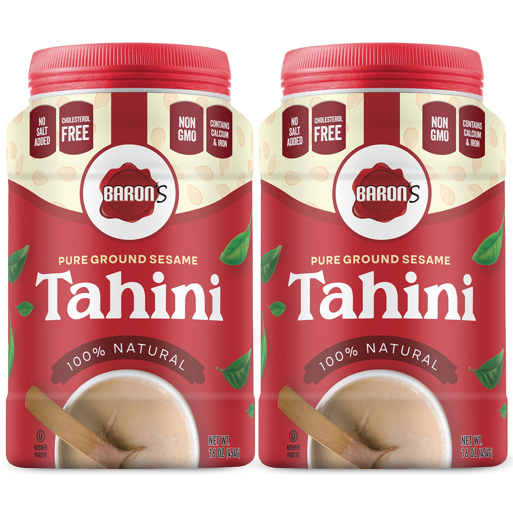 Baron's Tahini with smooth consistency in a jar for easy blending.