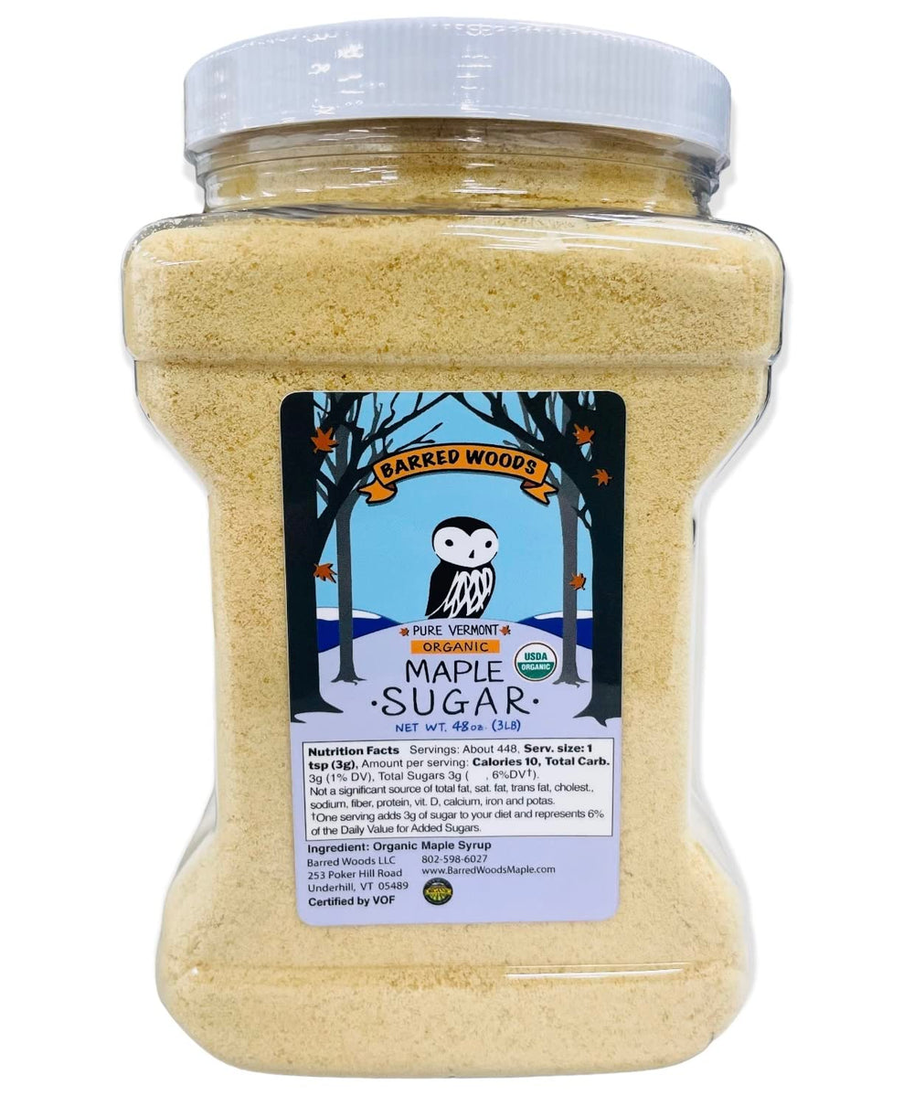 Barred Woods maple sugar jar close-up showing organic Vermont sweetness ideal for baking