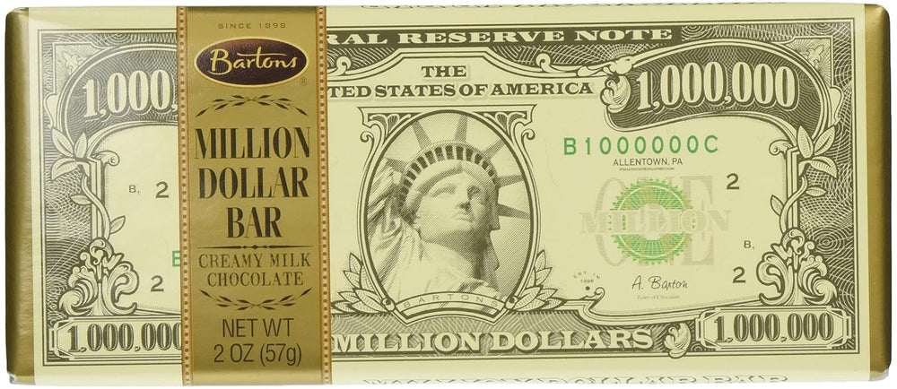 Barton's Million Dollar Milk Chocolate Bar wrapper showcases a playful premium treat.
