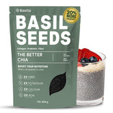 Basilia Organic Basil Seeds bottle-front, ready to boost fiber in breakfast smoothies