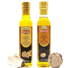 BASSO 1904 black and white truffle oil set with two bottles for finishing dishes.