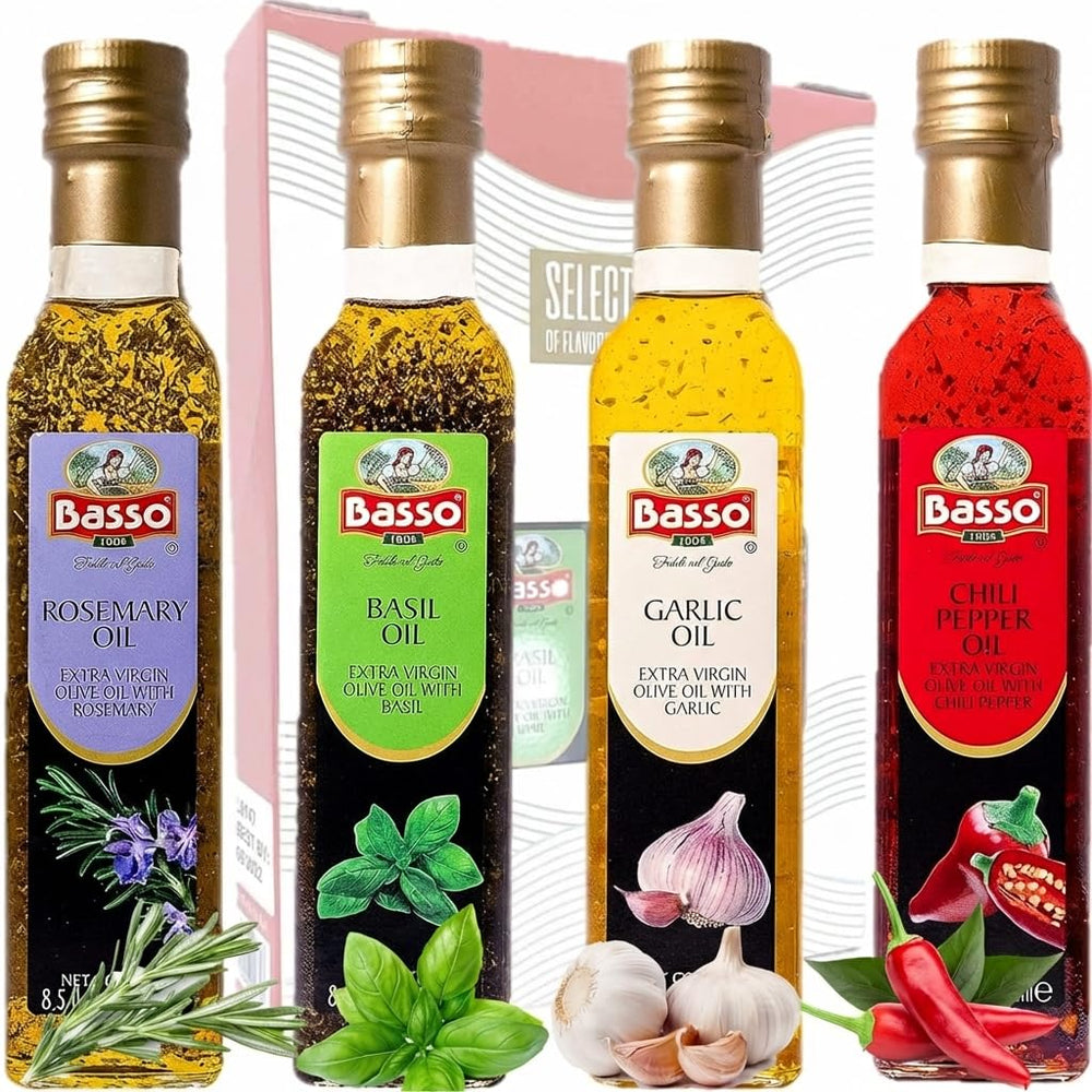 Basso 1904 garlic-infused olive oil bottle ideal for dipping and zesty finishing.