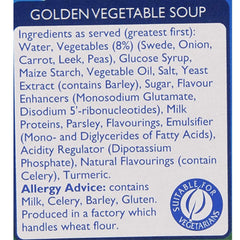 Batchelors Cup a Soup Golden Vegetable label-closeup emphasizes recognizable brand and flavor promise