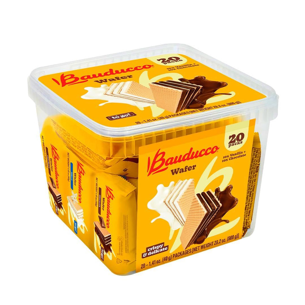 Bauducco chocolate and vanilla wafer cookies pack shown, ideal for on-the-go snacking