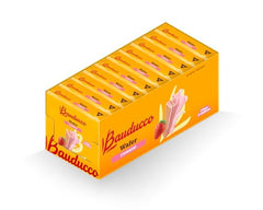 Bauducco strawberry cream three-layers close-up shows rich filling with crisp wafers.