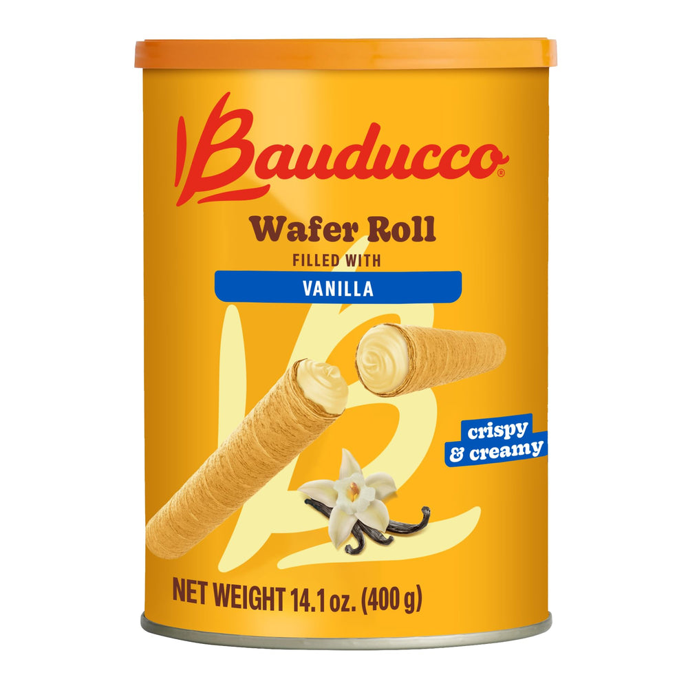 Bauducco Vanilla Wafer Rolls show crispy outer layers and vanilla cream for a gourmet snack.