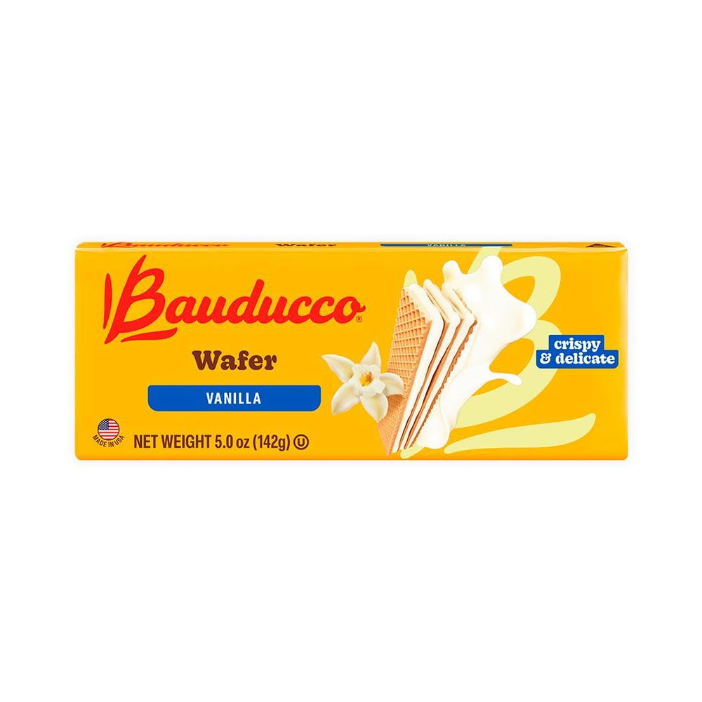 Bauducco Vanilla Wafers pack shot showing three vanilla cream layers for a premium treat