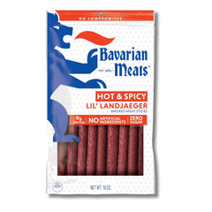 Bavarian Meats Lil' Landjaeger Hot & Spicy pack front shows bold branding and high-protein snack.
