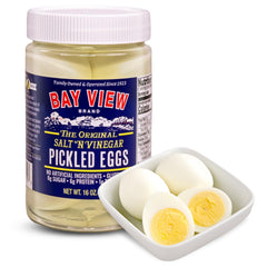 Bay View Brand packaged pickled eggs in a jar, ready-to-eat protein snack.