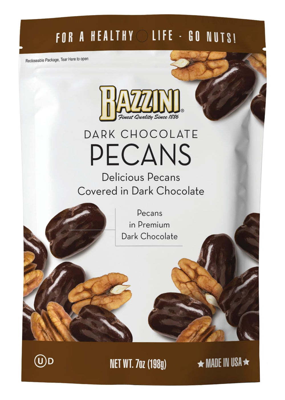 Bazzini dark chocolate pecans pouch for premium snacking on the go.