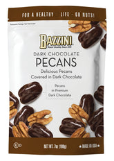Bazzini dark chocolate pecans pouch for premium snacking on the go.