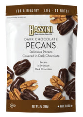 Bazzini dark chocolate pecans pouch for premium snacking on the go.