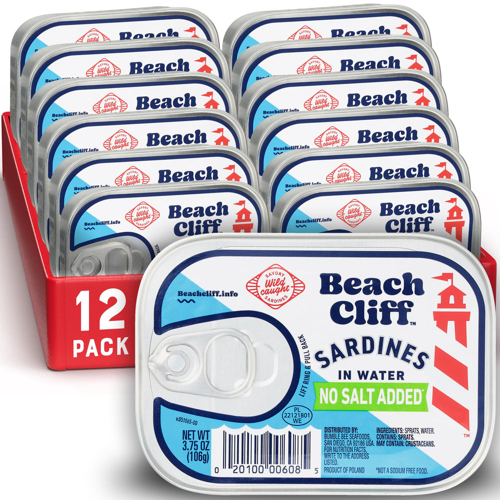 Beach Cliff sardines in water can, high protein snack option.