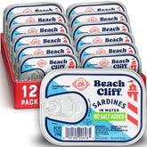 Beach Cliff sardines in water can, high protein snack option.