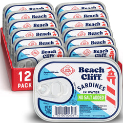 Beach Cliff sardines in water can, high protein snack option.
