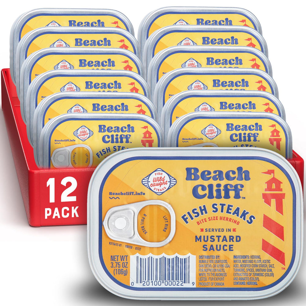 Beach Cliff wild-caught herring steaks in mustard sauce can pack, protein-rich snack option