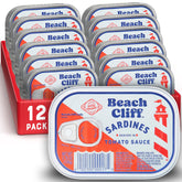 Beach Cliff wild caught sardines in tomato sauce can on pantry shelf, protein-rich snack.