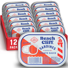 Beach Cliff wild caught sardines in tomato sauce can on pantry shelf, protein-rich snack.