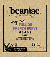 Beaniac Full On French Roast pod closeup, showcasing dark color and premium aroma.