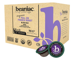 Beaniac Full On French Roast pod on display, signaling rich, dark flavors for Keurig machines.