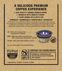 Beaniac Full On French Roast pod packaging, highlighting organic and Rainforest Alliance certification.