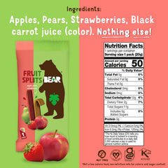 BEAR Real Fruit Snack Splits close-up of apple-strawberry sticks, gluten-free and vegan
