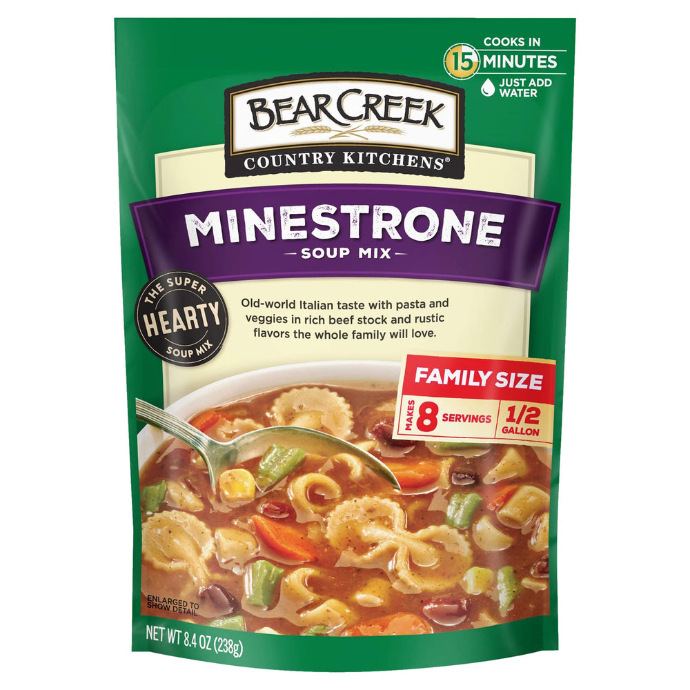 Bear Creek Minestrone soup mix six-pack on shelf for quick family dinners