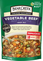 Bear Creek Vegetable Beef Soup Mix bag shows hearty blend for quick weeknight meals