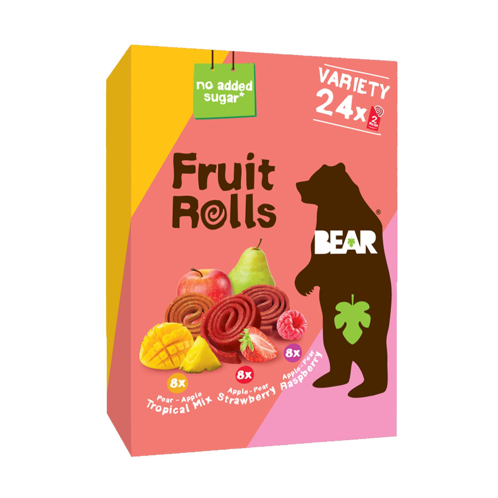BEAR Real Fruit Snack Rolls variety pack front view, gluten-free, kid-friendly lunch option.