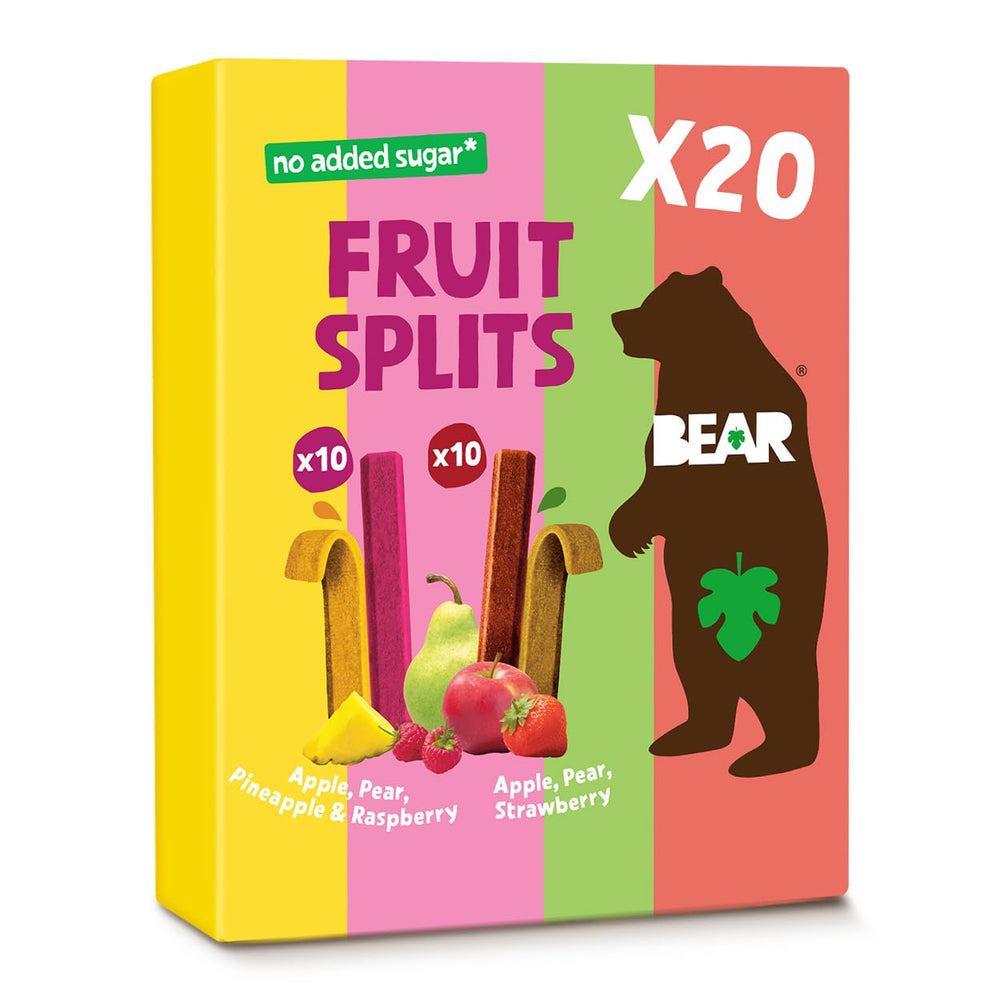 BEAR Real Fruit Snack Splits apple-strawberry variety, perfect lunchbox snack.